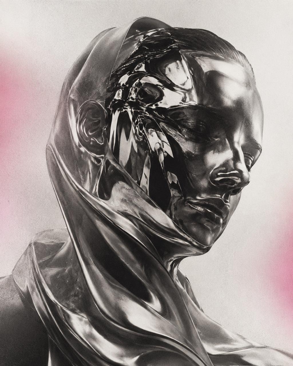 Monochrome chrome portrait sculpture